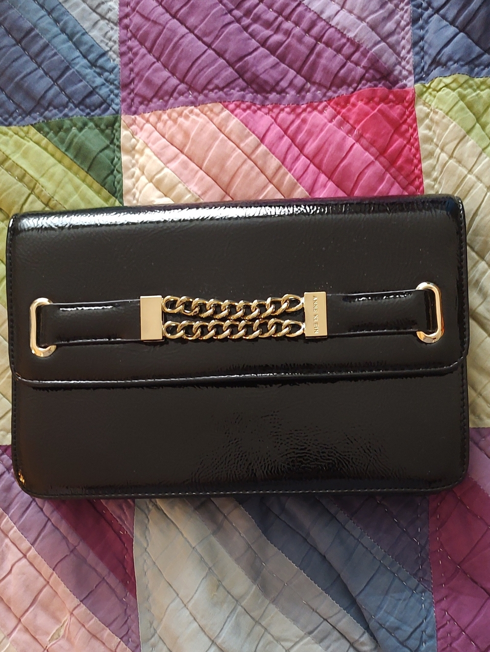 Anne Klein Black Patent Leather Clutch with Gold Chain Detail